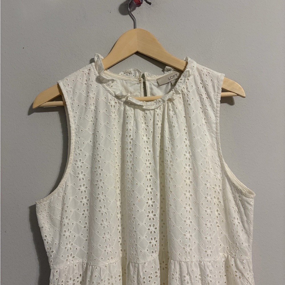 LOFT Eyelet Tiered Swing Dress White Preppy Size XL Lagenlook  Relaxed Fit - Picture 6 of 10